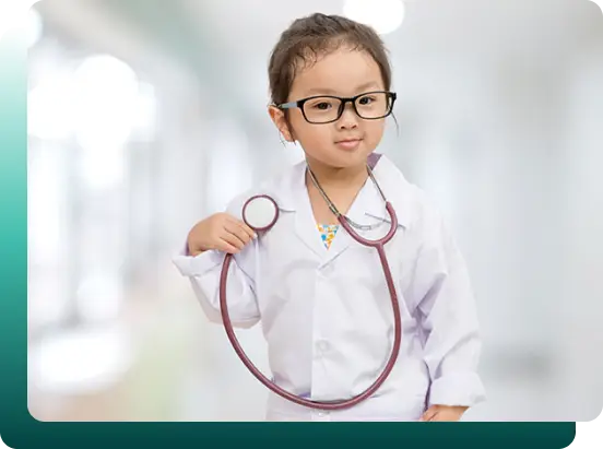 Adorable kid posing as a doctor with a stethoscope, embodying the spirit of the kids health check station, emphasizing early and proactive healthcare for children.